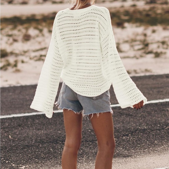 White Crochet Sweater Open Weave Cotton Blend Bell Sleeves Amazon NWOT - Picture 3 of 8